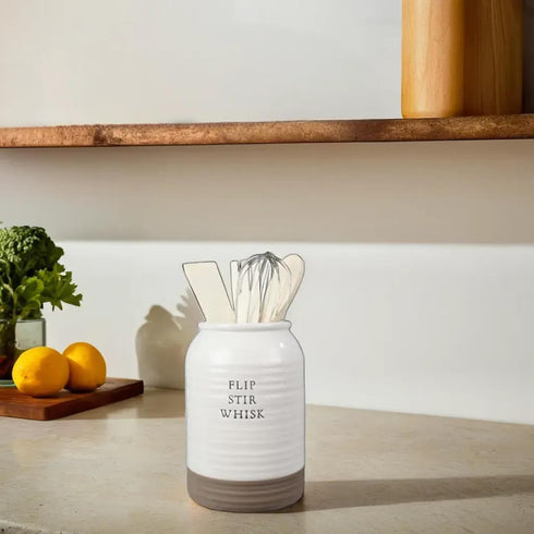 Young's Inc Ceramic Utensil Kitchen Caddy - w/ 4 Utensils - Flip Whisk, Stir - Farmhouse Country Decor