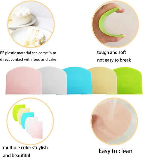 Zucosue 5 Pack Dough Scraper, Plastic Bench Scraper for Baking, Plastic Flexible Scrapers, Cake Baking Bench Scrapers