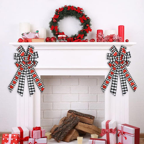 Hying Large Valentine's Day Bows for Wreath, Black White Buffalo Plaid Bows with Glitter Red Hearts for Decorations
