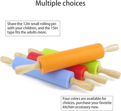Silicone Rolling Pin for Baking, Non-Stick Dough Roller with Wooden Handle, Kitchen Accessories for Pastry