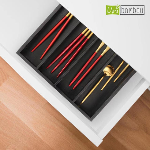 Bamboo Kitchen Drawer Organizer, Silverware Tray with Wood Holder for Flatware Cutlery, 5 Slot, Black
