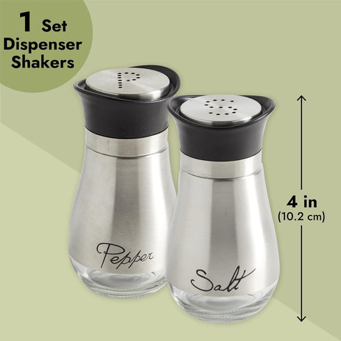 Set Counter (4oz) Stainless Steel Salt and Pepper Shaker with Glass Bottom, Perforated "S" and "P" Caps - Modern
