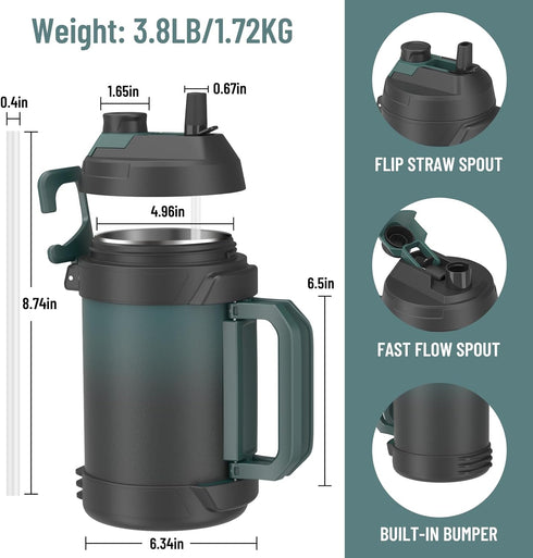Zukro 1 Gallon Water Jug, 128 oz Large Stainless Steel Sport Water Bottle, Triple Wall Insulated, Leak Proof, Cyan