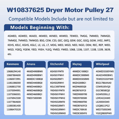 Upgraded W10837625 Dryer Motor Pulley 27 - Compatible with Whirlpool/Kenmore/KitchenAid/Maytag Dryers, 2 Pack