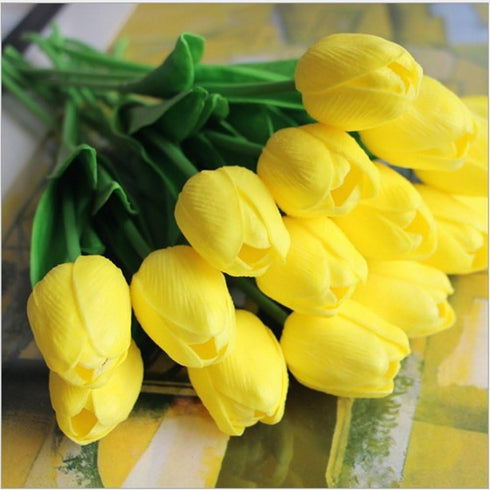 Artificial Tulips 10Pcs Real Touch Fake Tulips, PU Flower Arrangement Bouquets for Home Decoration (Yellow)