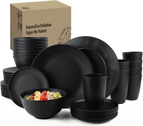Homienly Wheat Straw Dinnerware Set - 40-Piece Dish Set for 8, Reusable Dinner Plates, Bowls & Cups (Black)