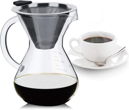 Pour Over Coffee Maker, Reusable 400ml Borosilicate Glass Hand Drip Manual Dripper Brewer Pot with Scale, Portable for