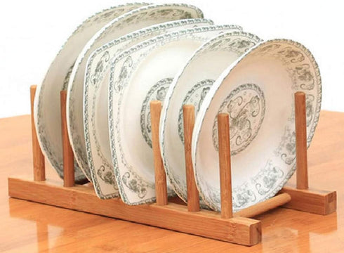 2Pcs Natural Bamboo Slip Drain Dish Rack - Home Kitchen Bamboo Wood Plates Rack for Pans and Cups