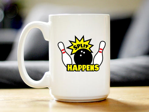 Split Happens - Bowling Coffee Mug - Funny Bowling Gifts and Decor for Bowlers - Large 15oz White Ceramic Mug