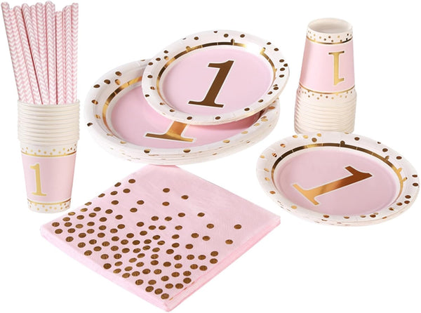 MaitianGuyou 1st Birthday Girl Decoration, Baby Shower Party Supplies Disposable Tableware Set for 20 Guests