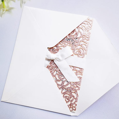 20PCS Laser Cut Wedding Invitations Cards 5 x 7.28 with Hollow Rose and Ivory Ribbons for Bridal Shower