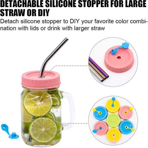 Regular Mouth Mason Jar Lids with Straw Hole, Stoppers, Silicone Rings, Cleaning Brush, 26 Pack