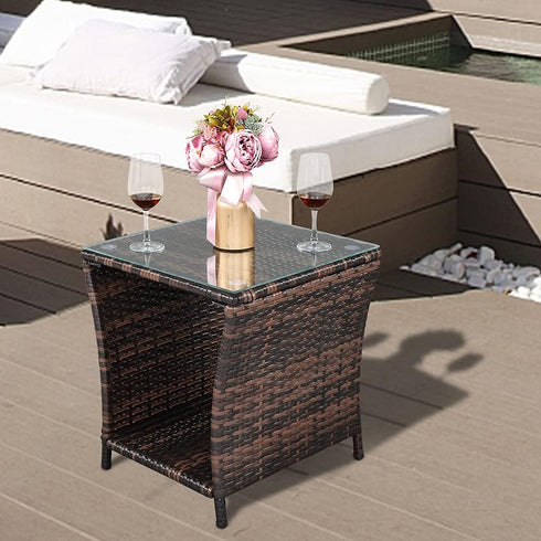 Rpuzonier Wicker Rattan Side Table, Outdoor Square Rattan Coffee End Table with Tempered Glass Top and Storage