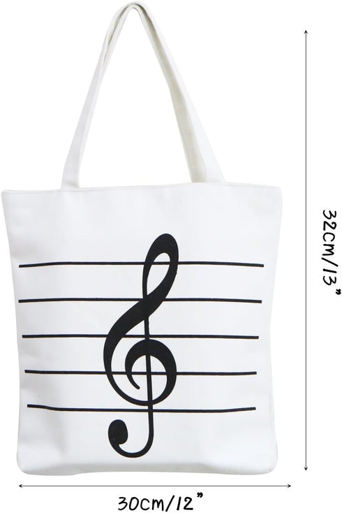 Music Notes Handbag Canvas Tote Bag, Reusable Grocery Bag for Women and Girls, White Shopping Bag Gift