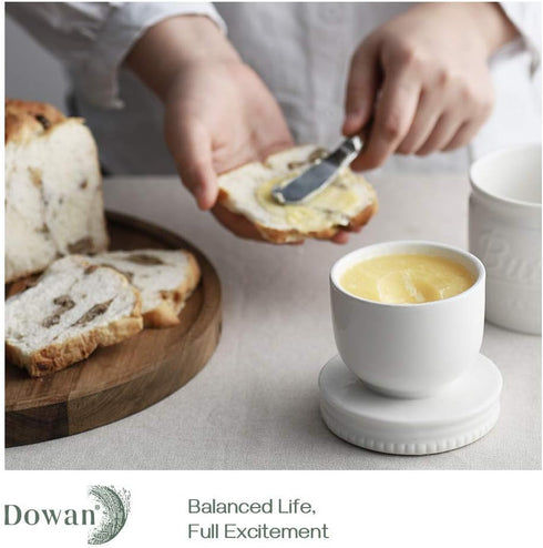 DOWAN French Butter Dish for Countertop, Ceramic Keeper with Lid and Waterline, Housewarming Gift, White