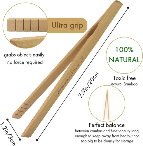 Bamboo Toaster Tongs - Set of 2 Reusable 8-Inch Natural Wooden Toast Tongs, Useful Kitchen Utensil