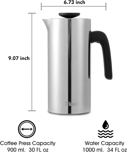 French Press Coffee Maker, Stainless Steel Double-wall Vacuum Insulated Coffee Press, 34Oz Silver, Dishwasher Safe