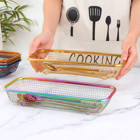 Silverware Drawer Organizer, Rainbow Mesh Kitchen Drawer Organizers, Stackable Storage Basket for Flatware, Pack of 2