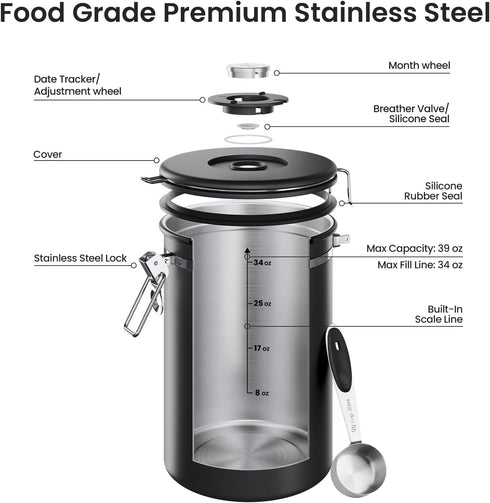 39OZ Set,Airtight 2.2lbs Veken Coffee Canister, Large Christmas Coffee Lovers Gift Basket Stainless Steel Food Storage