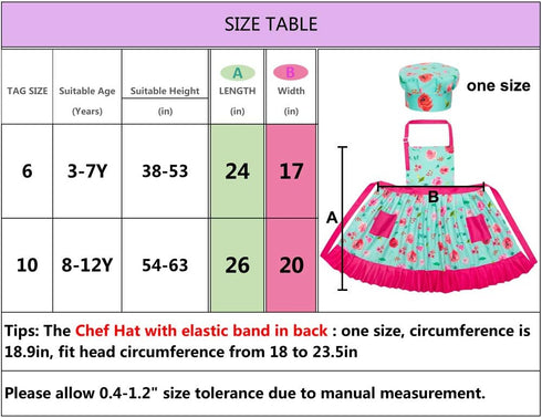 MHJY Kids Apron Hat Set for Girls, Vintage Pleated Skirt Adjustable Kitchen Apron with Pockets for Baking