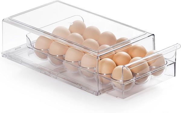 Stackable Egg Container for Refrigerator, Drawer Type Egg Organizer Holds 18 Eggs – Transparent