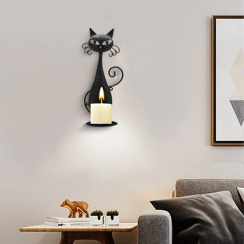 Handmade Black Metal Cat Wall Sconce Candle Holder for Pillar Candles