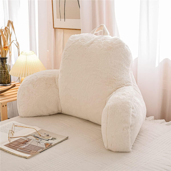 Holawakaka Large Faux Fur Bed Rest Pillow with Arms, Rabbit Fur Reading