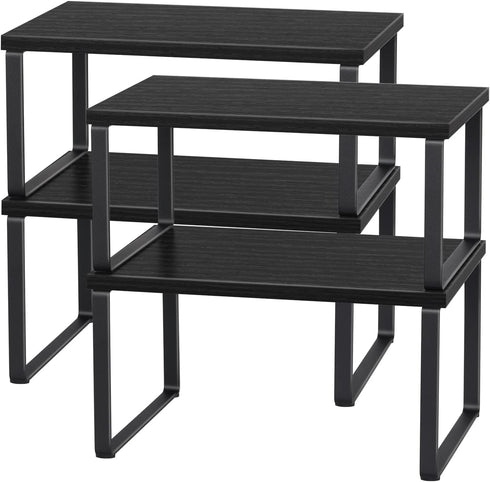 CADUKE Set of 4 Stackable Kitchen Counter Shelves, Expandable Wood Shelf Organizers for Pantry, Industrial Black