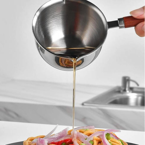 Stainless Steel Saucepan, Non-Stick Multipurpose Sauce Pan with Pour Spout and Wood Handle for Cooking Heating