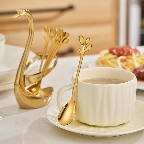 AnSaw Elegant Gold Leaf Coffee Spoons - 10-Piece Mini Stainless Steel Espresso & Dessert Spoons (4.7")