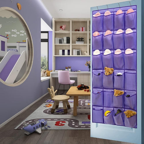 24 4 Over The Door Hanging Shoe Organizer Shoe Rack Hanger Large Fabric Pockets Holder with Sturdy Hooks (PURPLE)