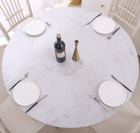 Clear Round Vinyl Fitted Tablecloth - Waterproof Oilcloth Heavy Duty Elasticized Table Cover for Round Table