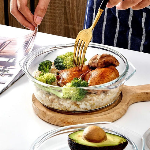 Mini Clear Glass Casserole Dish with Lid, Small 1-QT Round Tempered Glass Bowl