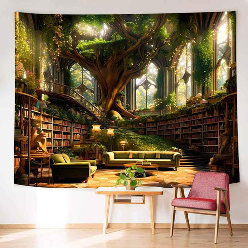93x71inch Ine Ive Fantasy Trees Tapestry Vintage Library Wall Tapestries Fairytale Palace Bookshelf Sofa Reading Poster