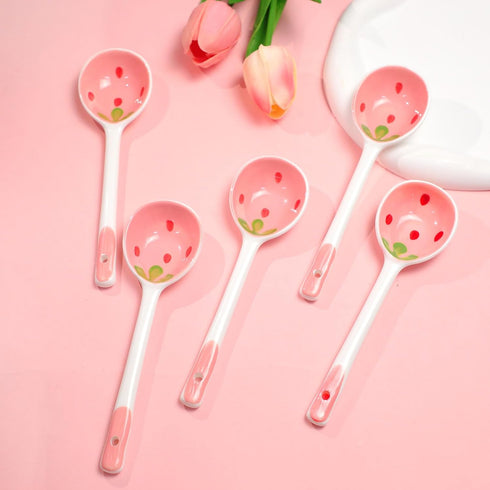 MWRDSM 5 (5) Pcs Ceramic Soup Spoons Cute Strawberry Spoons Long Handle Porcelain Tablespoons Reusable Dinnerware