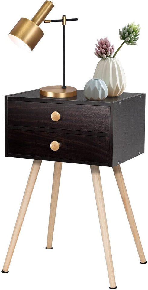 2-Drawer 4 Giantex Mid Century Modern Nightstand, Bedside Tables with Solid Wood Legs, Night Stand for Small Spaces