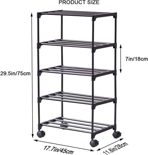 LUCKY OCEAN 5-Tier 16.9W Small Shoe Rack with Wheels, Slide-Out Metal Shoe Racks Storage, Anti-Rust Coating, Stackable