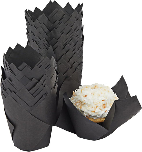 Juvale 100-Piece Bulk Black Tulip Cupcake Liners - 2 x 3.5 Inches Medium Baking Wrappers for Parties & Events