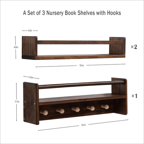 16 Inch Set 3 AZSKY Nursery Book Shelves Wall Floating Bookshelf with Hook Deep Walnut Hanging Book Shelf Toddler Room