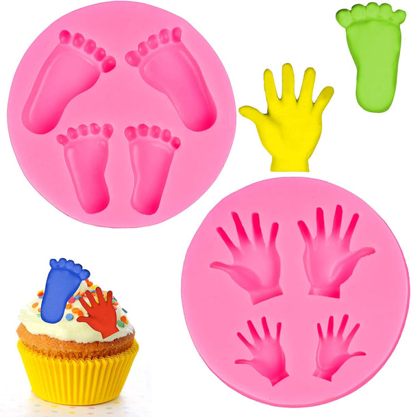 Whaline Silicone 3D Baby Feet Hands Mold, Pink Chocolate Fondant Mould for Baby Shower Decoration, 2pcs