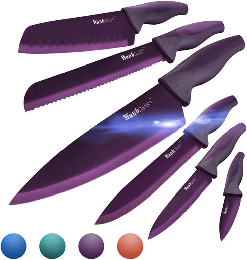 Wanbasion Professional Kitchen Knife Set, Purple, Stainless Steel, Dishwasher Safe with Covers