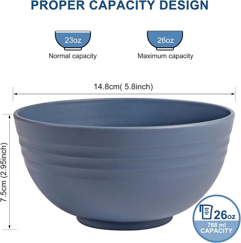 HOTEC Unbreakable Wheat Straw Cereal Bowls - Microwave & Dishwasher Safe Soup and Salad Bowls, Set of 8, 26oz, BPA Free, Classic Blue by HOTEC