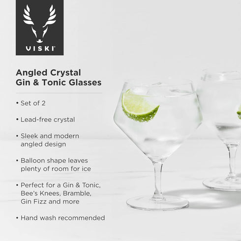 Viski Raye Angled Stemmed Gin and Tonic Glasses, Set of 2, Premium Crystal Clear Cocktail Gin Glasses for Gin Lovers