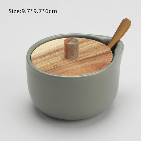 everous Salt Box base grey color Salt Cellar Elegant Design salt Boxes Big Capacity Wood lid grey Ceramic Base