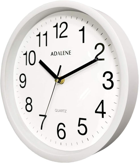 Adalene 10 Inch White Wall Clock, Battery Operated Non Ticking, Completely Silent for Kitchen Office School Bedroom