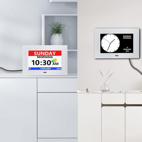 Large Display Digital Clock with Day and Date for Elderly, 7 Inch, 5 Alarm, 3 Medicine Reminders, Dementia Clock, White