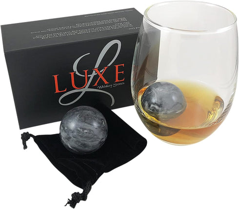 Luxe Whiskey Stones - Set of 2 Marble Chilling Spheres in Gift Box with Velvet Storage Bag