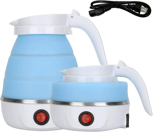 Small Foldable Portable Electric Kettle, Silicone Collapsible Heating Water Boiler Tea Pot for Camping, Blue