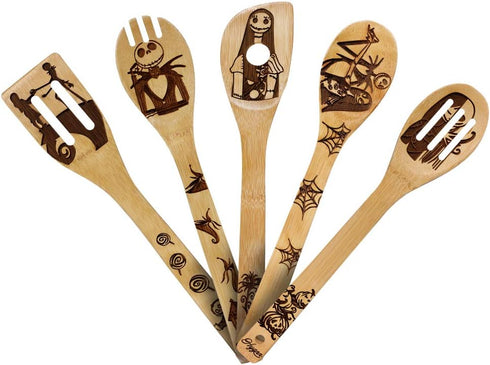 Nightmare Wooden Spoons, Fun Idea Serving Utensils Set, Burned Bamboo Kitchen Spoons, 5 Piece