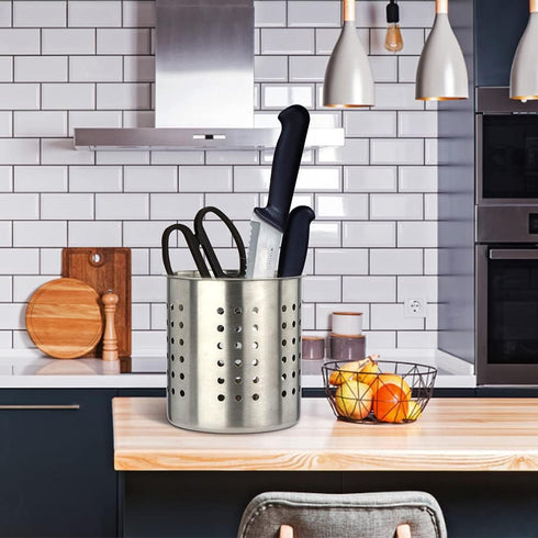 Stainless Steel Kitchen Utensil Holder, Round Organizer for Forks, Spatula, 5.3'' x 5.1" Restaurant Cooking Holder